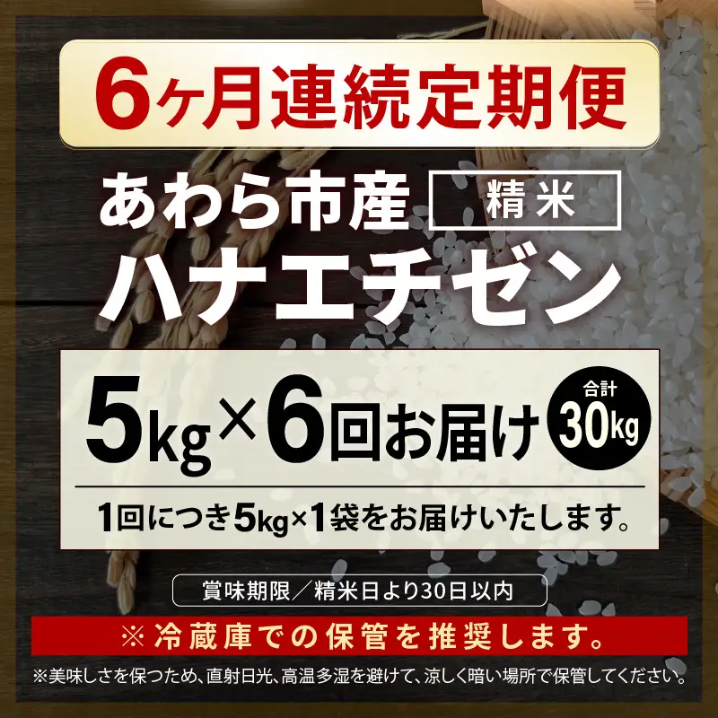 【先行予約】【令和8年産 一等米】定期便 ≪6ヶ月連続お届け≫ ハナエチゼン 精米 5kg（計30kg）（農事組合法人イーノなかのはま100）単一原料米  ※2026年10月より順次発送予定 [aw139-d002]