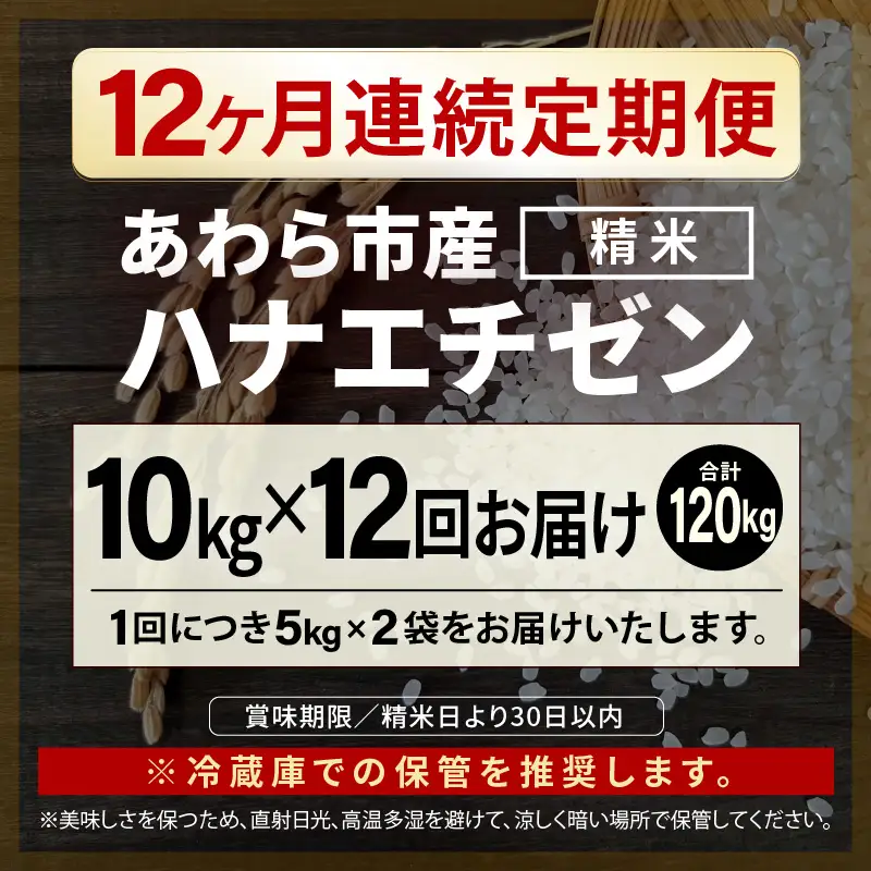 【先行予約】【令和8年産 一等米】定期便 ≪12ヶ月連続お届け≫ ハナエチゼン 精米 10kg（計120kg）（長谷川農園） 単一原料米  ※2026年10月より順次発送予定 [aw139-n002]