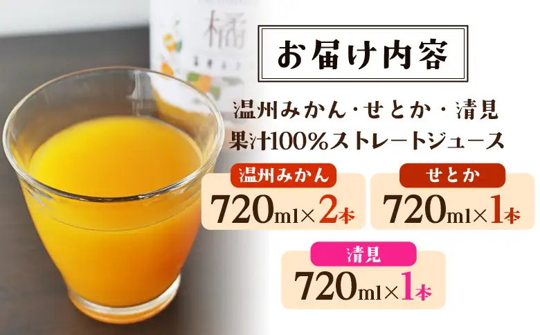 ＜柑橘100％ジュース （温州みかん2本+せとか+清見 4本）＞ 温州みかん ストレートジュース 果汁100％ ミカン 蜜柑 果物 柑橘 かじわらFARM 愛媛県 西予市【常温】『1か月以内に順次出荷予定』MKF0004