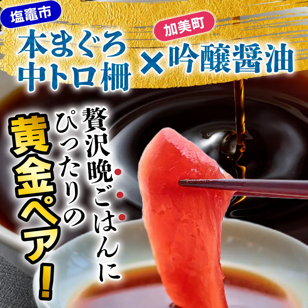 宮城主役ごはんセットC【生本マグロ中トロ 柵（400g）×吟醸醤油（200ml×3本）】 | kami-w-sk-c