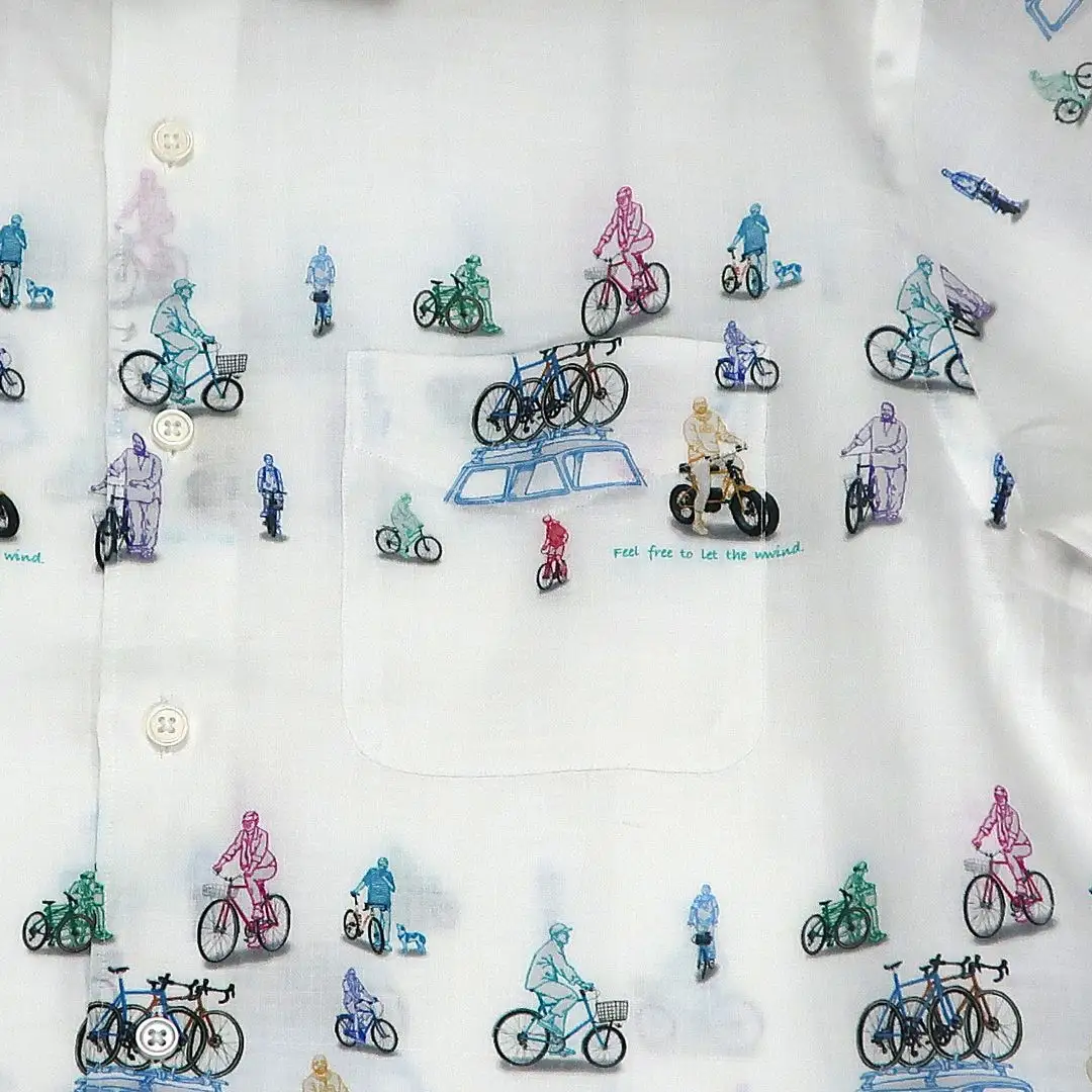 CLOFT 麻100％半袖シャツ”地図を捨てて、風になる。”自転車柄 (C/#11 ホワイト) XL 0139-035-S08-3