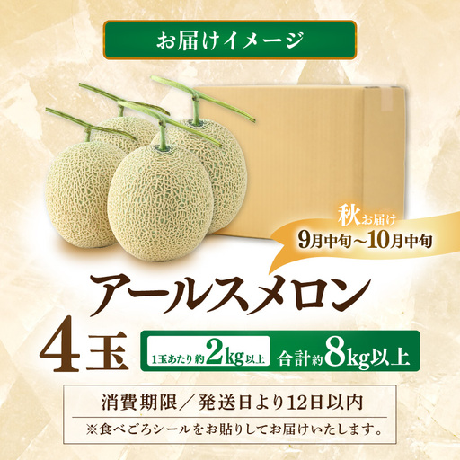 高級アールスメロン4個入り(1玉2kg以上) 先行予約】秋 アールスメロン 4玉 約8kg以上（約2㎏以上×4玉）青肉品種