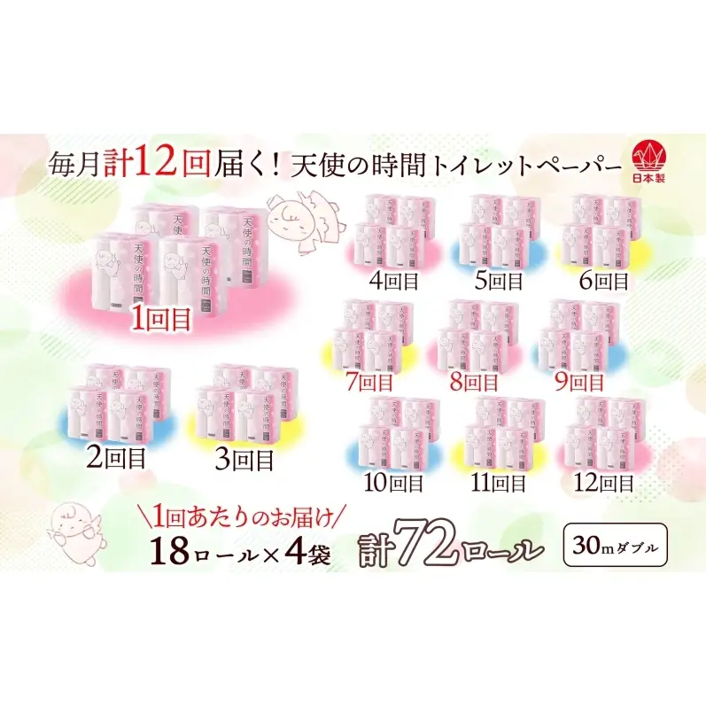 定期便 12ヶ月 連続12回 トイレットペーパー 30m ダブル 18ロール×4袋 計72ロール 天使の時間 紙 ペーパー 日用品 消耗品 再生紙 無香料 厚手 備蓄 まとめ買い 防災 送料無料 川一製紙 岐阜県 美濃市
