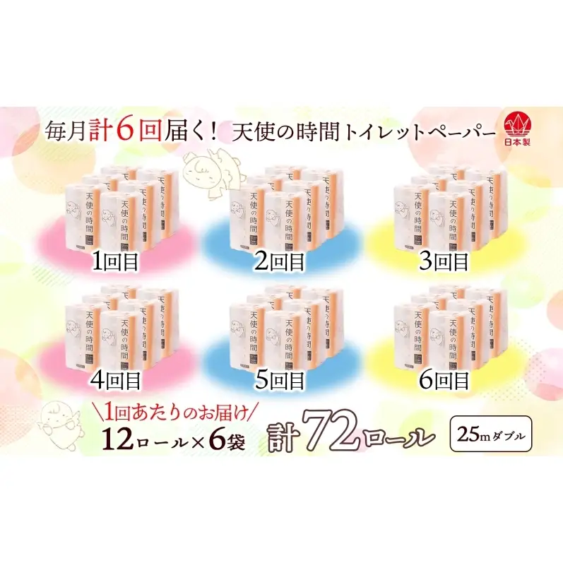 定期便 6ヶ月 連続6回 トイレットペーパー 25ｍ ダブル 12ロール×6袋 計72ロール 天使の時間 紙 ペーパー 日用品 消耗品 リサイクル 再生紙 無香料 厚手 ソフト トイレ用品 備蓄 非常用 川一製紙 岐阜県 美濃市