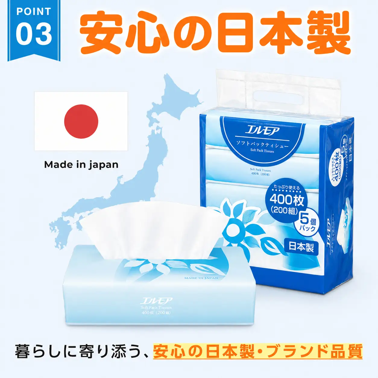 【3ヶ月毎月定期便】エルモア ソフトパックティシュー  400枚 200組 50パック 箱なし コンパクト カミ商事 国産 ピュアパルプ 100％ 大容量 ティッシュ日用品 収納 送料無料 愛媛県 四国中央市