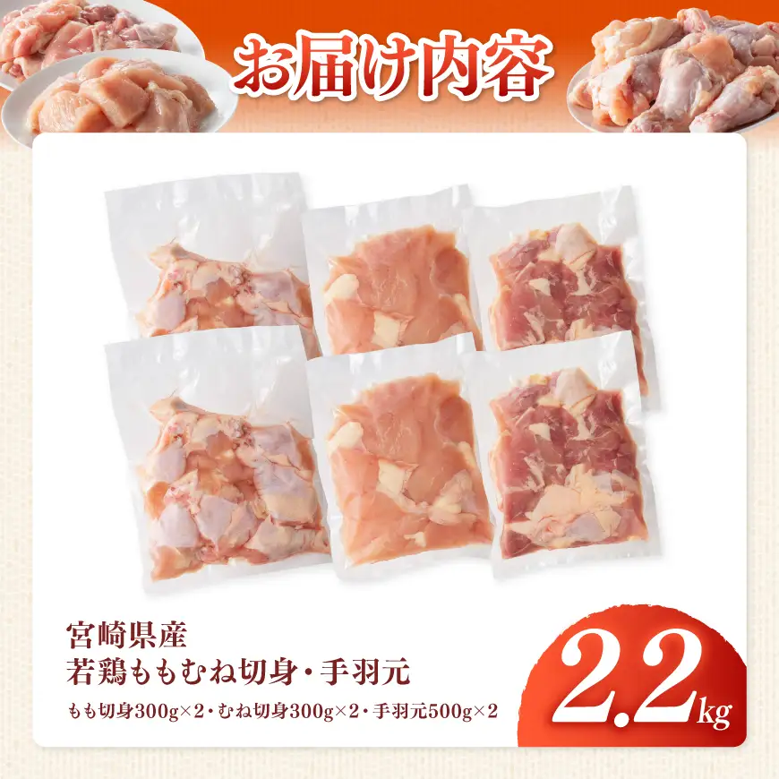 【宮崎県産】若鶏ももむね切身・手羽元計2.2kg 【 ふるさと納税 鶏肉 肉 鶏 とり 国産鶏肉 九州産鶏肉 宮崎県産鶏肉 国産 九州産 宮崎県産 もも むね 切身 手羽元 おかず 】