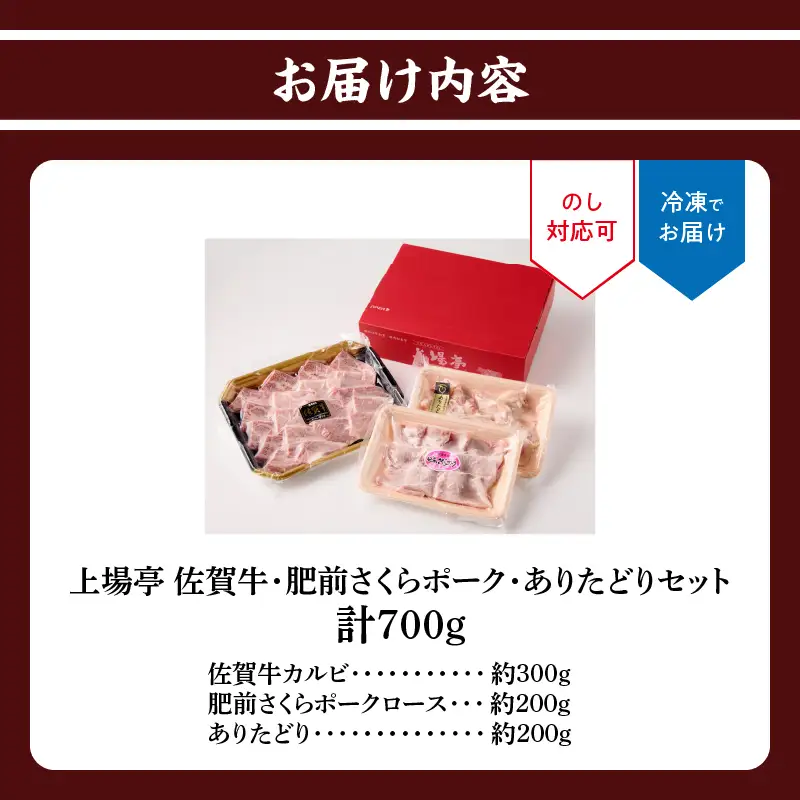 上場亭 佐賀牛カルビ 300g・肥前さくらポークロース 200g・ありたどりモモ 200g 焼肉セット ／ 焼肉 【B169】