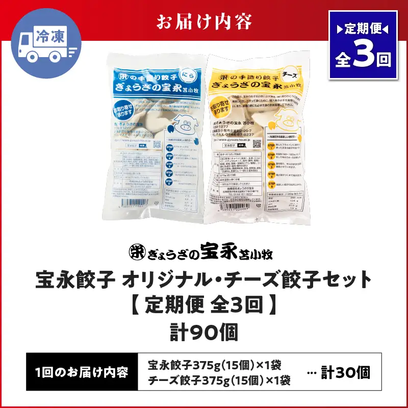 【定期便・全3回 毎月】手包み餃子 ぎょうざの宝永 チーズ餃子30個セット（宝永餃子15個入×1袋・チーズ餃子15個入×1袋） T004-T02-02-02 定期便 定期 惣菜 総菜 餃子