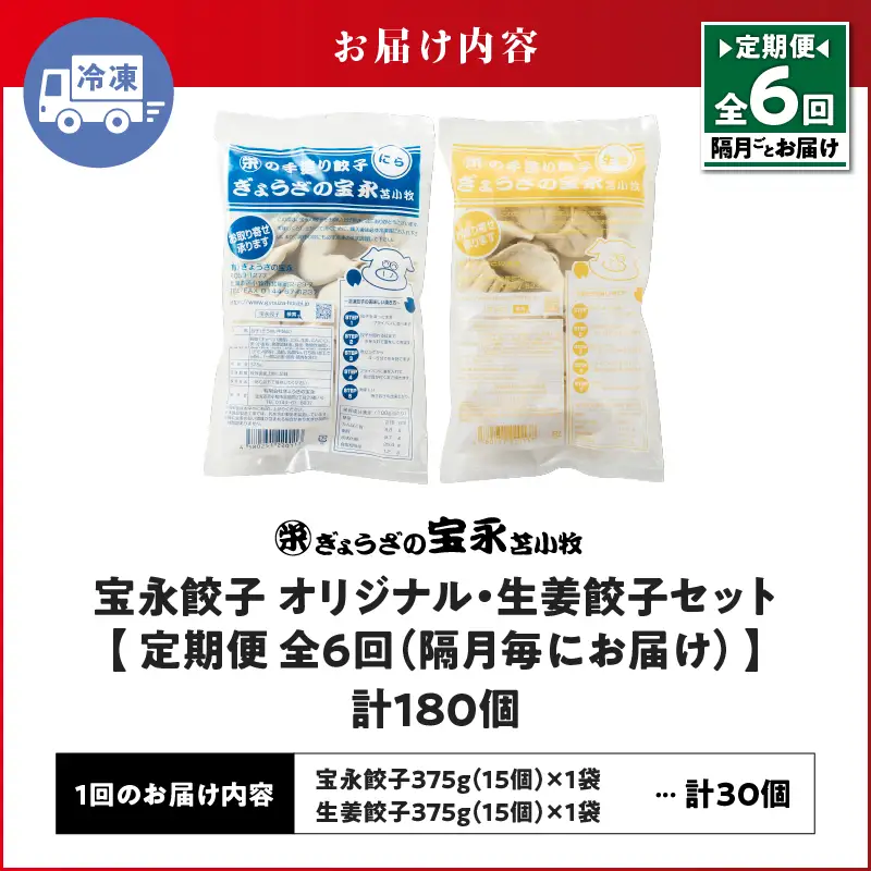 【定期便・全6回 隔月】手包み餃子 ぎょうざの宝永 生姜餃子30個セット（宝永餃子15個入×1袋・生姜餃子15個入×1袋） T004-T05-01-03 定期便 定期 惣菜 総菜 餃子 