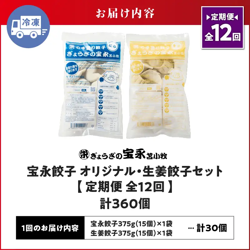 【定期便・全12回 毎月】手包み餃子 ぎょうざの宝永 生姜餃子30個セット（宝永餃子15個入×1袋・生姜餃子15個入×1袋） T004-T05-01-05 定期便 定期 惣菜 総菜 餃子