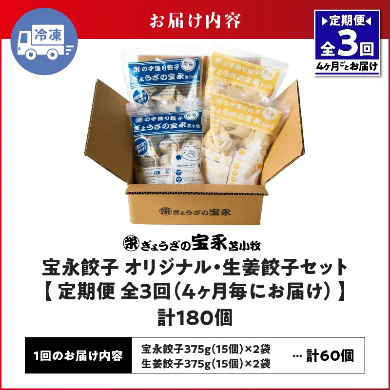 【定期便・全3回 4ヶ月毎】手包み餃子 ぎょうざの宝永 生姜餃子60個セット（宝永餃子15個入×2袋・生姜餃子15個入×2袋） T004-T05-02-01 定期便 定期 惣菜 総菜 餃子