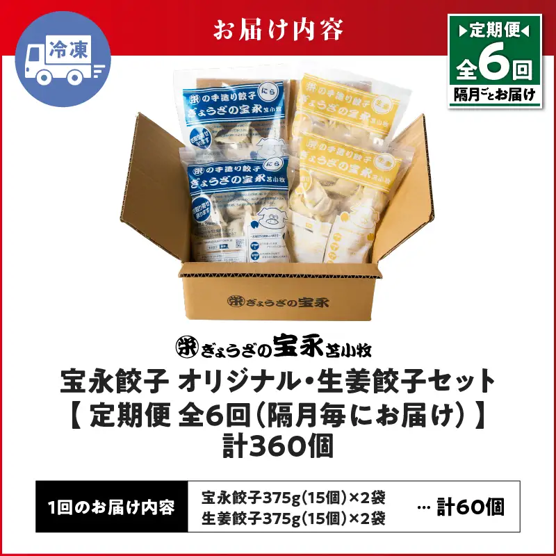 【定期便・全6回 隔月】手包み餃子 ぎょうざの宝永 生姜餃子60個セット（宝永餃子15個入×2袋・生姜餃子15個入×2袋） T004-T05-02-03 定期便 定期 惣菜 総菜 餃子 