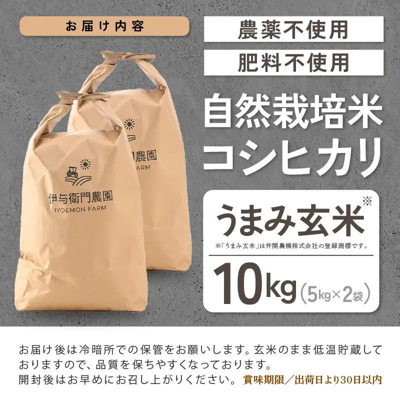 【先行予約】【令和8年産】伊与衛門農園の自然栽培米コシヒカリ うまみ玄米5kg×2袋（計10kg） 化学肥料不使用  ＜温度と湿度を常時管理し新鮮米を出荷！＞／ 高品質 鮮度抜群 福井県あわら産 ブランド米 お米 ※2026年10月下旬以降順次発送 [aw071-d005]
