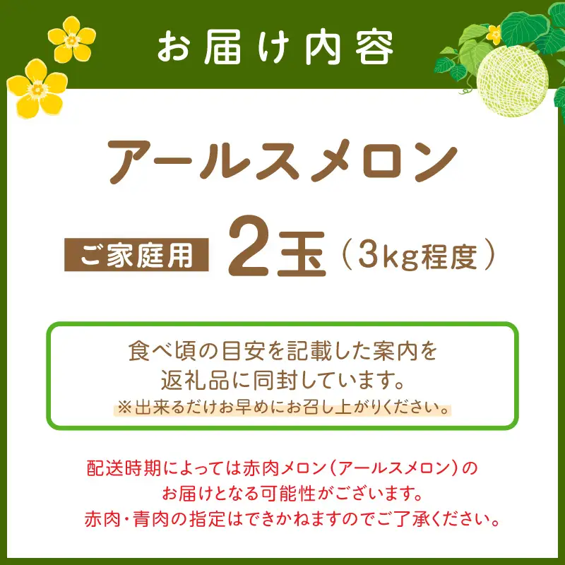 アールスメロン(マスクメロン) 2玉 3kg程度 糖度13度程度≪家庭用≫【配送不可地域：北海道・青森・秋田・岩手・沖縄・離島】【1354】