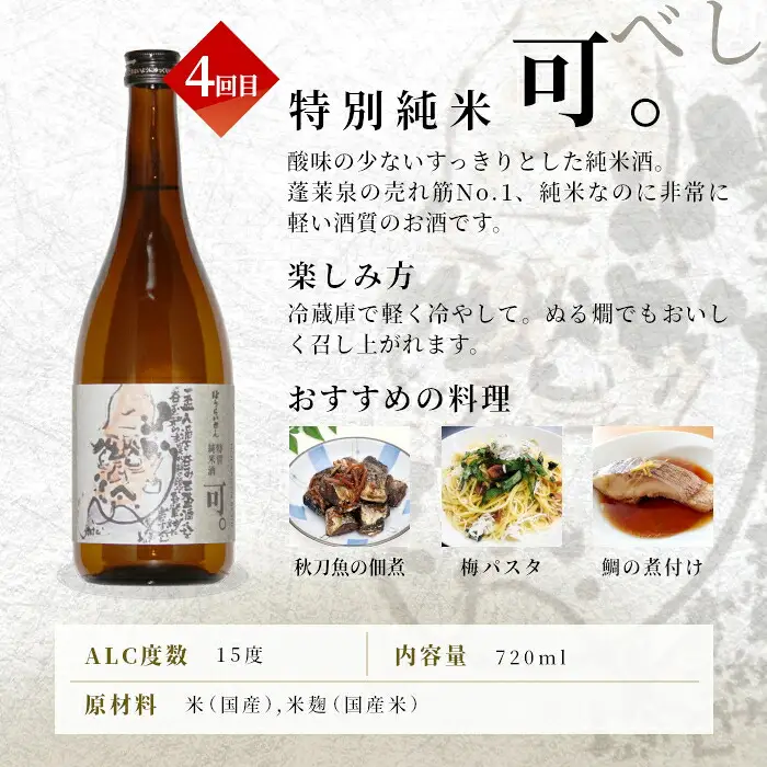 《全4回 鉄板 定期便》蓬莱泉 ほうらいせん 日本酒定期便 4回 計4本 720mL お酒 日本酒 酒 定期便 コメ 米 お米 アルコール おすすめ お取り寄せ 贈答 贈り物 ご自宅用 宅飲み 愛知県 設楽町 関谷醸造 定期便 -291