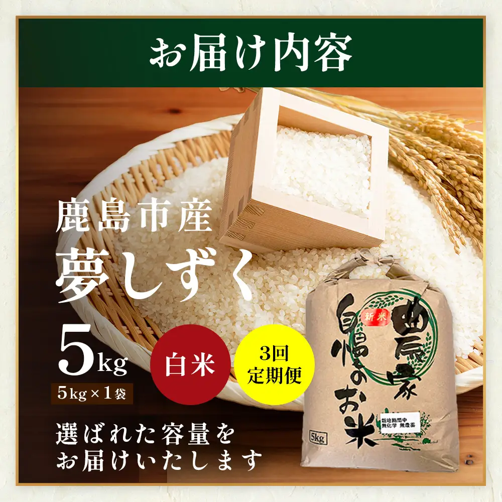 先行受付【3回定期便】令和8年産新米 夢しずく 白米5kg【身体に優しい手作り土壌の夢しずく】佐賀県産 特A評価獲得品種 佐賀県 鹿島市 F-103