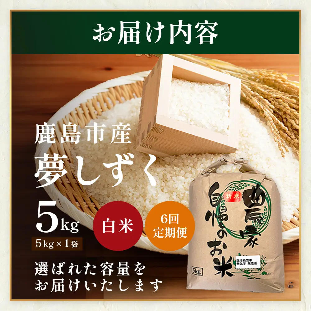 先行受付【6回定期便】令和8年産新米 夢しずく 白米5kg【身体に優しい手作り土壌の夢しずく】佐賀県産 特A評価獲得品種 佐賀県 鹿島市 J-39