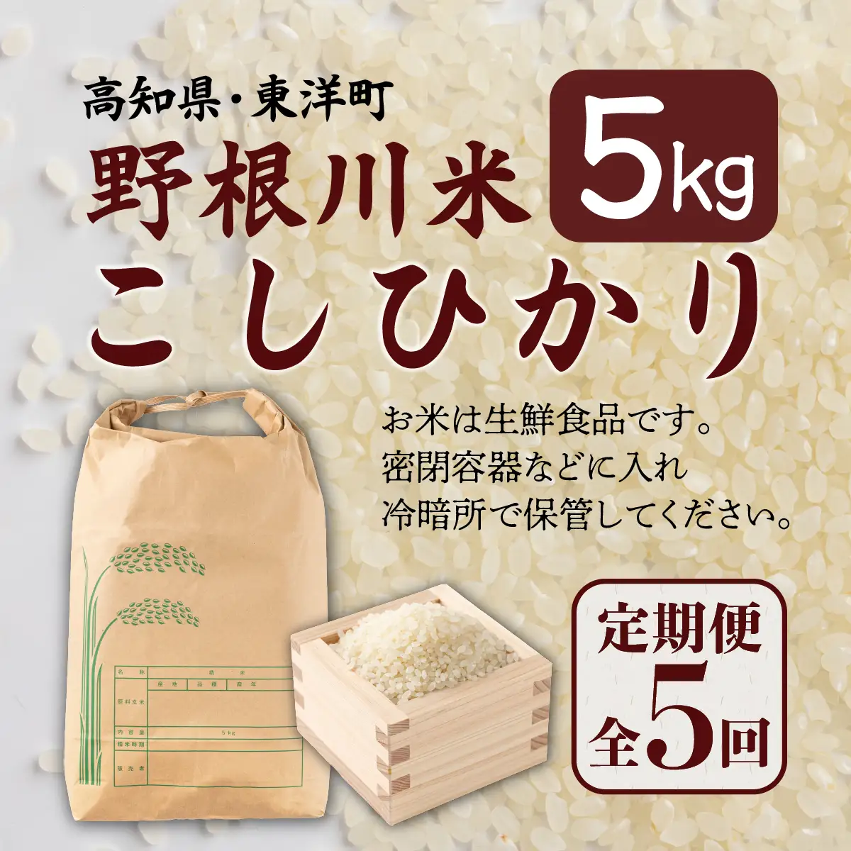 ＜定期便全5回＞令和8年産 野根川米5kg こしひかり 米 国産 コメ