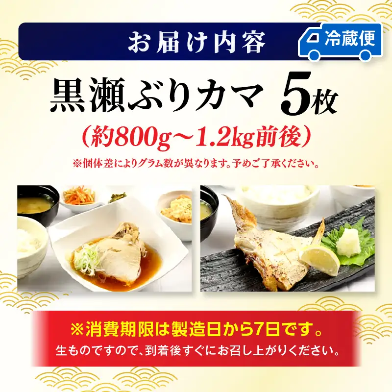 ＜翌月末までに発送予定＞活じめ！黒瀬ぶりカマ（5枚入）（800g～1.2kg前後）_K001-015