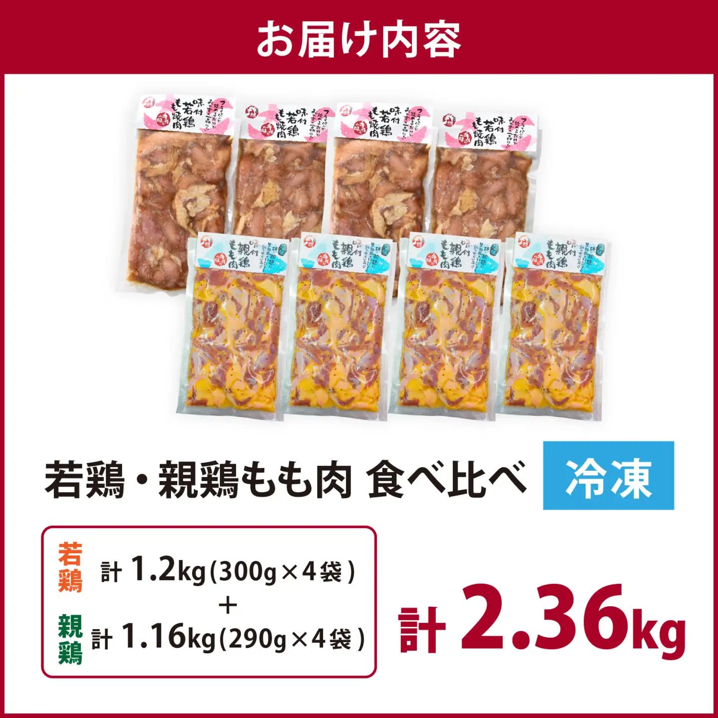 味付け肉「 国産若鶏もも肉 焼肉用 300g×4袋（計1200g）」と「 国産親鶏もも肉焼肉用 290g×4袋（計1160g）」の食べ比べセット [A-019029]