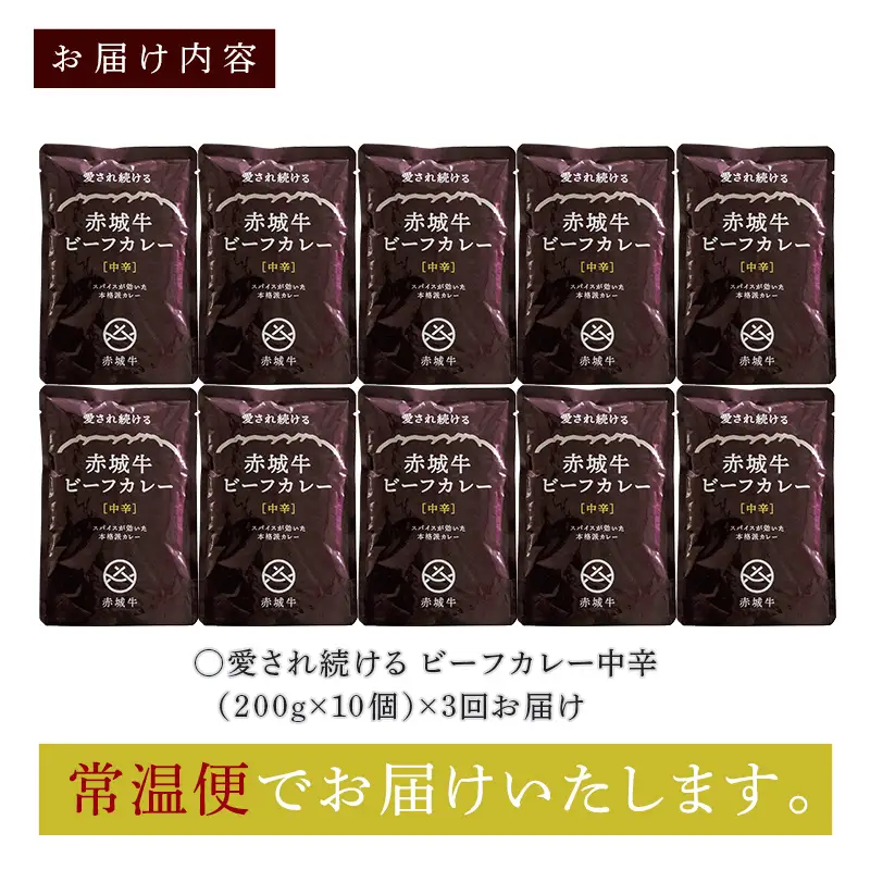 【定期便・全3回】赤城牛ビーフカレー中辛 計30個セット（10個×3回） カレー レトルト 牛肉 銘柄牛 赤城牛 長期保存  F4H-0849