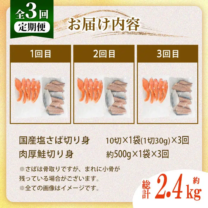 【定期便・全3回(連続)】骨取り 国産 塩さばと 肉厚 鮭 切り身 のセット(総計約2.4kg) 量 切身 塩 鯖 サバ 骨なし 骨とり 冷凍食品 小分け パラパラ冷凍 肉厚 鮭 厚切り しゃけ さけ サケ 切身 塩鮭 【AW-141】【丸正水産】