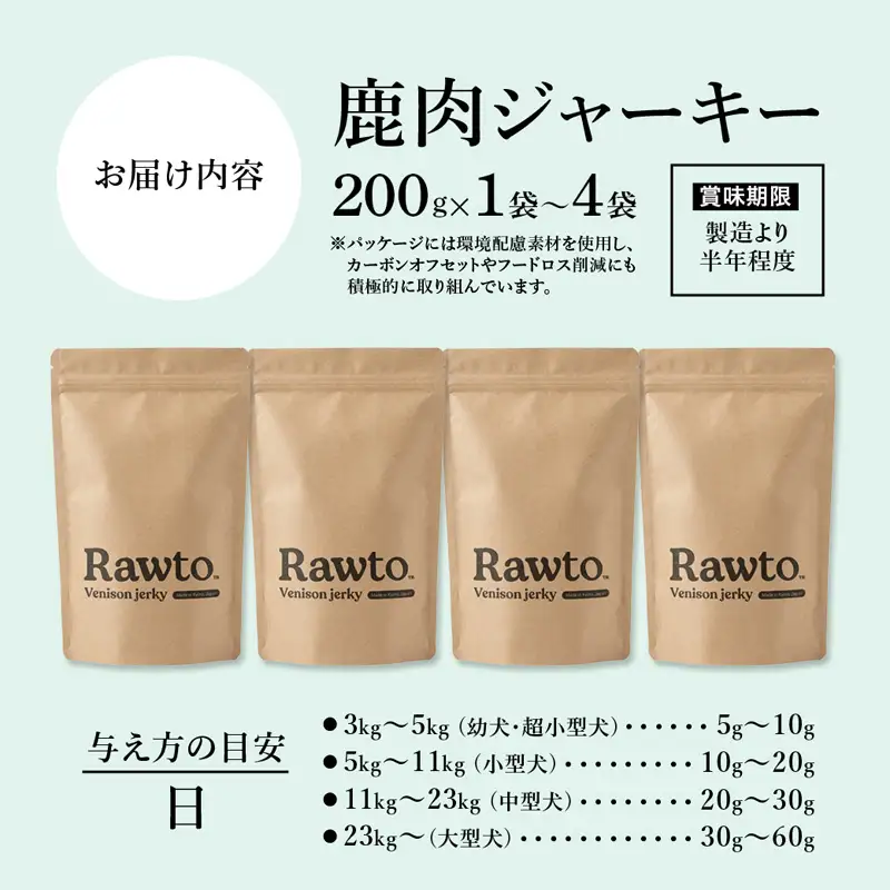 犬用 鹿肉ジャーキー 大容量 Ｒａｗｔｏ：200ｇ×4袋 ジャーキー