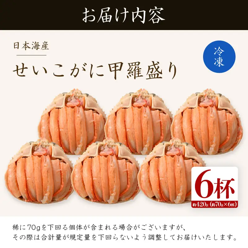 【先行予約】日本海産 せいこがに甲羅盛り 約70g×6杯 / 期間限定 冷凍 蟹 カニ 便利 身出し 小分け ビール おつまみ メス 福井 福井県 お取り寄せ むき身 ポーション 甲羅盛 脚 ※2026年11月上旬より準備出来次第発送予定 [aw050-b002]