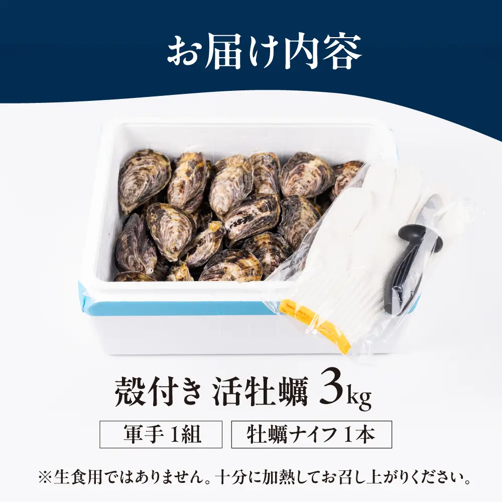 【数量限定】殻付き 生牡蠣（加熱用）3kg　| 軍手・牡蠣ナイフ付