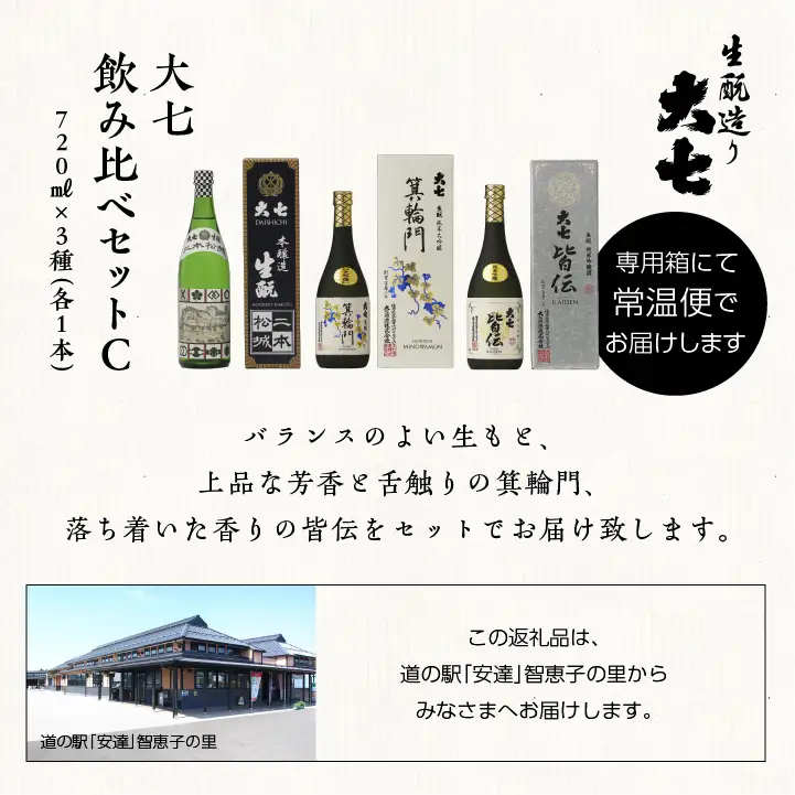 大七酒造 「大七飲み比べセットC」 箕輪門・皆伝・本醸造生もと二本松城 720ml×3種【道の駅「安達」智恵子の里】