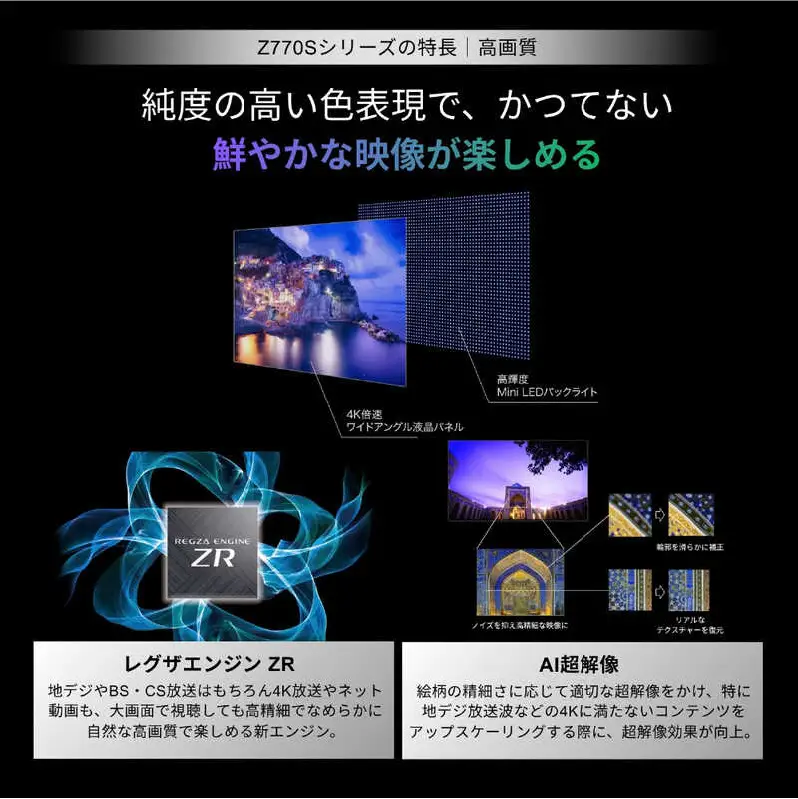 TVS REGZA【標準設置費込み】 Mini LED液晶テレビ REGZA レグザ Z7 75V型 4K対応 4Kチューナー内蔵 YouTube対応 Bluetooth対応 75Z770S 【kw0085-0087-5】