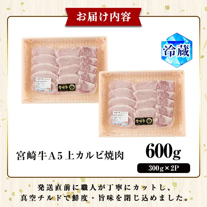 新鮮チルド便 宮崎牛 A5 上カルビ(計600g・300g×2P) 焼肉 カルビ 焼肉 和牛 BBQ アウトドア キャンプ 小分け パック 真空パック ブランド牛 ランク パーティー ご褒美 おかず【OT-02】【KNOT合同会社】