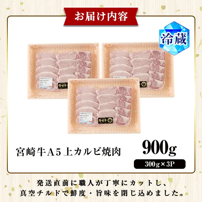 新鮮チルド便 宮崎牛 A5 上カルビ(計900g・300g×3P) 焼肉 カルビ 焼肉 和牛 BBQ アウトドア キャンプ 小分け パック 真空パック ブランド牛 ランク パーティー ご褒美 おかず【OT-03】【KNOT合同会社】