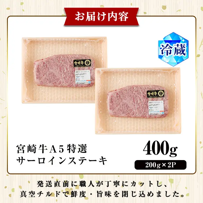 新鮮チルド便 宮崎牛 A5 特選 サーロイン ステーキ(計400g・200g×2P) 和牛 BBQ アウトドア キャンプ 小分け パック 冷蔵 真空パック ブランド牛 ランク パーティー ご褒美 おかず【OT-05】【KNOT合同会社】