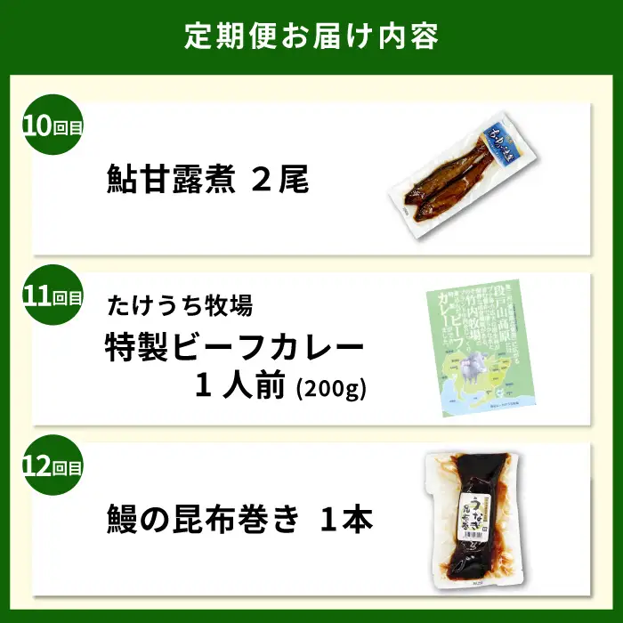 《全12回 定期便》 設楽町 全12品！お手軽 モリモリ 定期便 バラエティ セット 鮎 鰻肝やわらか煮 干ししいたけ まな板 ビーフシチュー キーマカレー カレー 甘露煮 サーモン 燻製 こんにゃく 昆布巻き 一夜干し 魚介 魚 鰻 おつまみ ご当地カレー 特産品 愛知県 設楽町-304