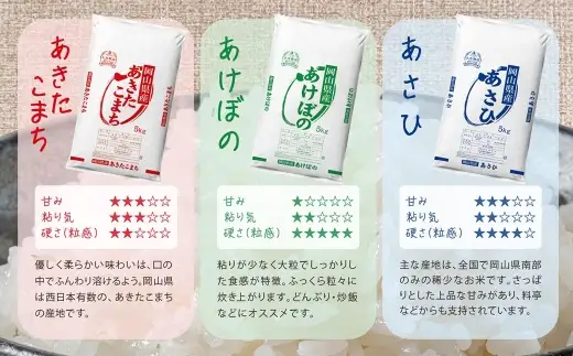 【 3ヶ月定期 】 【 令和8年産 】 岡山県産米 品種おまかせ 15kg （ 5kg × 3袋 ） お米 米 こめ コメ 白米 精米 白飯 飯 ご飯 きぬむすめ あきたこまち ひのひかり あけぼの にこまる あさひ おにぎり 和食 国産 ブランド米 ブランド 定期便 【 2026年11月上旬から2027年6月下旬迄発送予定 】