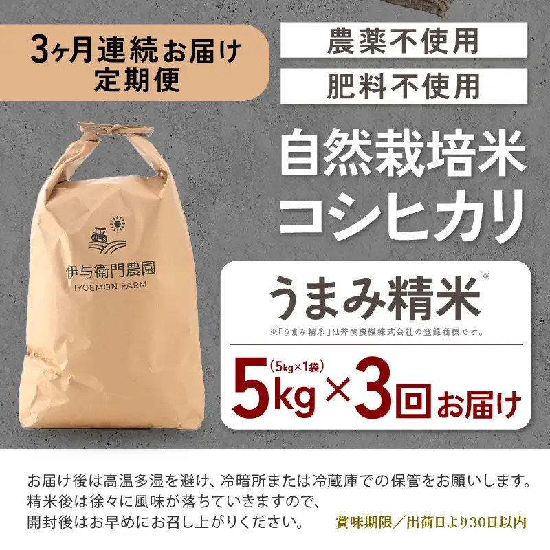 【先行予約】【令和8年産】【定期便3回】伊与衛門農園の自然栽培コシヒカリ精米 5kg×3回 ＜温度と湿度を常時管理し新鮮米を出荷！＞/ 米 白米 自然の力 高品質 鮮度抜群 ブランド米 福井県 あわら市産 スマート農業 ※2026年10月下旬以降順次発送 [aw071-f002]