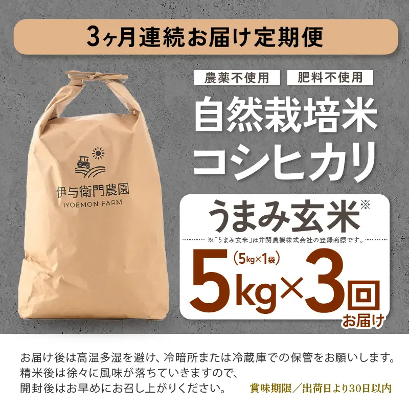 【先行予約】【令和8年産】定期便 ≪3ヶ月連続お届け≫ 自然栽培米コシヒカリ うまみ玄米5kg×3回（計15kg） 化学肥料不使用  ＜温度と湿度を常時管理し新鮮米を出荷！＞／ 高品質 鮮度抜群 福井県あわら産 ブランド米 お米 ※2026年10月下旬以降順次発送 [aw071-g004]