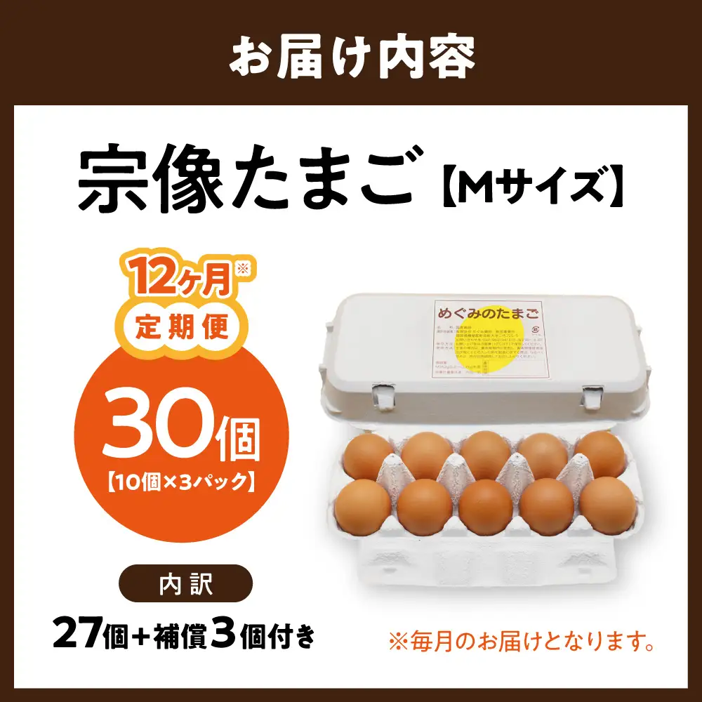 【毎月お届け】新鮮 赤卵「宗像たまご」Mサイズ 30個×12ヶ月定期便 (27個＋補償3個)【JAほたるの里】_AM0215-00