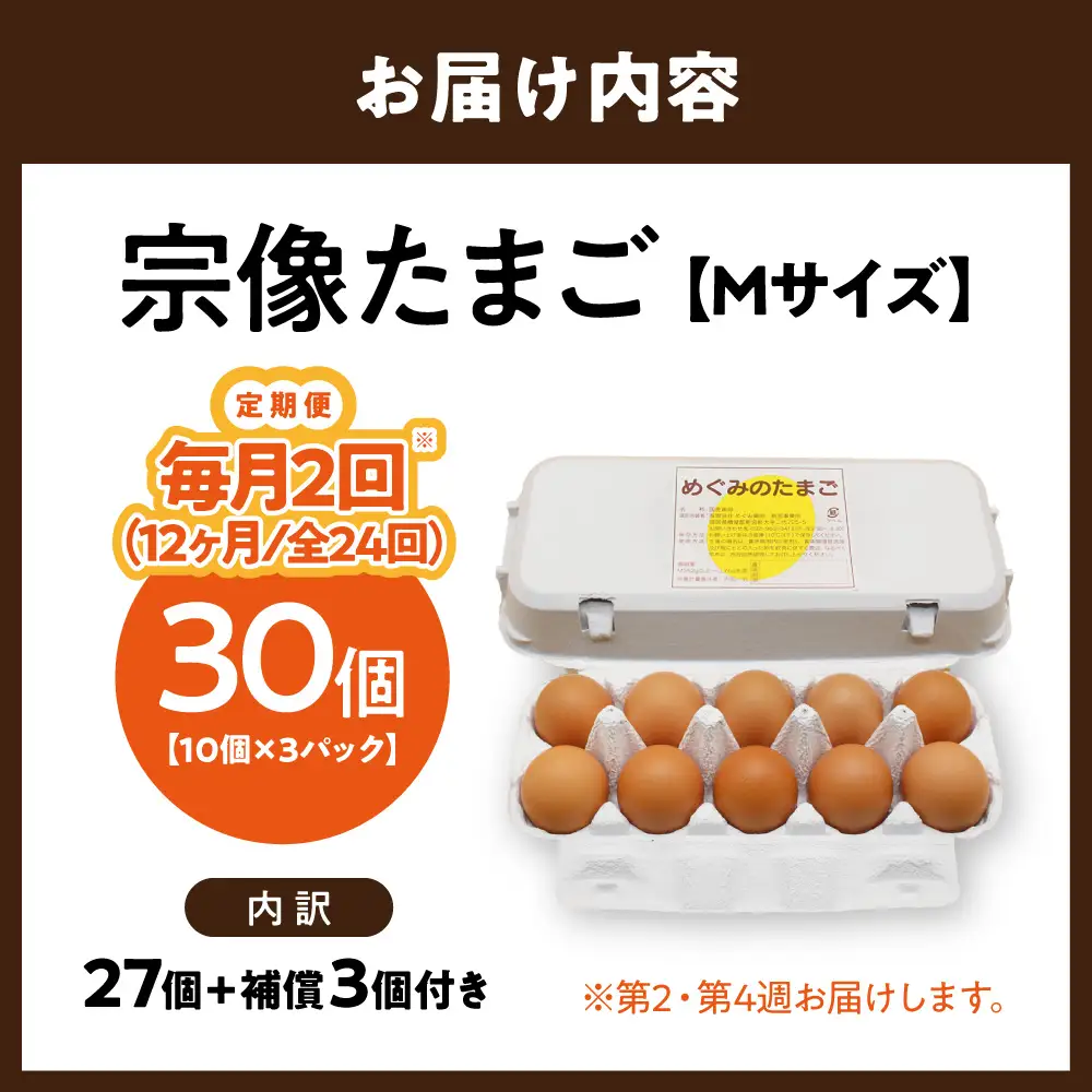 【毎月2回！第2・第4週お届け定期便】新鮮 赤卵「宗像たまご」Mサイズ 30個×12ヶ月定期便 (27個＋補償3個)【JAほたるの里】_AM0217-00