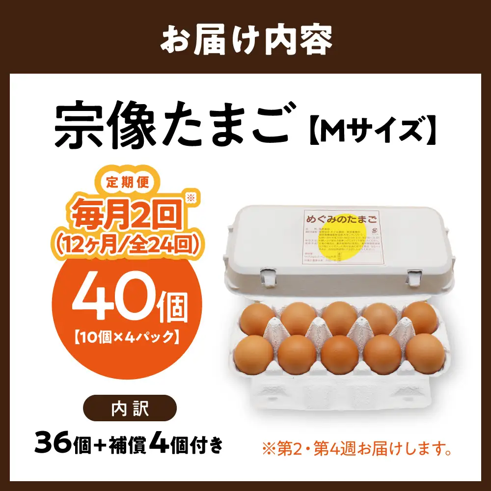 【毎月2回！第2・第4週お届け定期便】新鮮 赤卵「宗像たまご」Mサイズ 40個×12ヶ月定期便 (36個＋補償4個)【JAほたるの里】_AM0218-00
