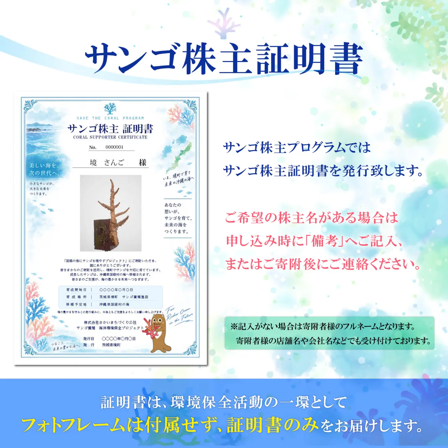 境町サンゴ株主プロジェクト サンゴ株主証明書（サンゴ1株） K2746