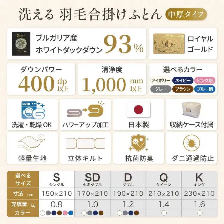 羽毛布団 合掛け シングル 洗える ホワイトダックダウン93% 0.8kg 中厚 春用 秋用 ピンク