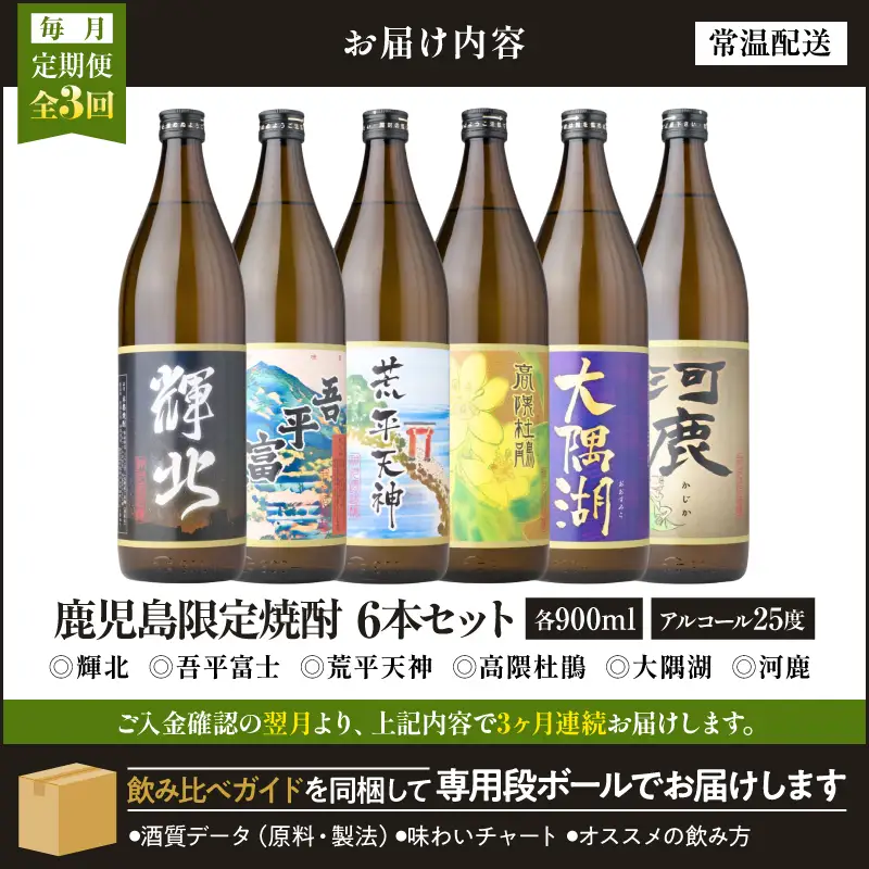 【 全3回定期便 】（ 毎月 お届け ） 三浦屋 オリジナル 鹿児島限定 芋焼酎 飲み比べ セット 25度 900ml×6本 神川酒造 鹿児島県 鹿屋市産 KN083-T03 焼酎 酒 お酒 アルコール