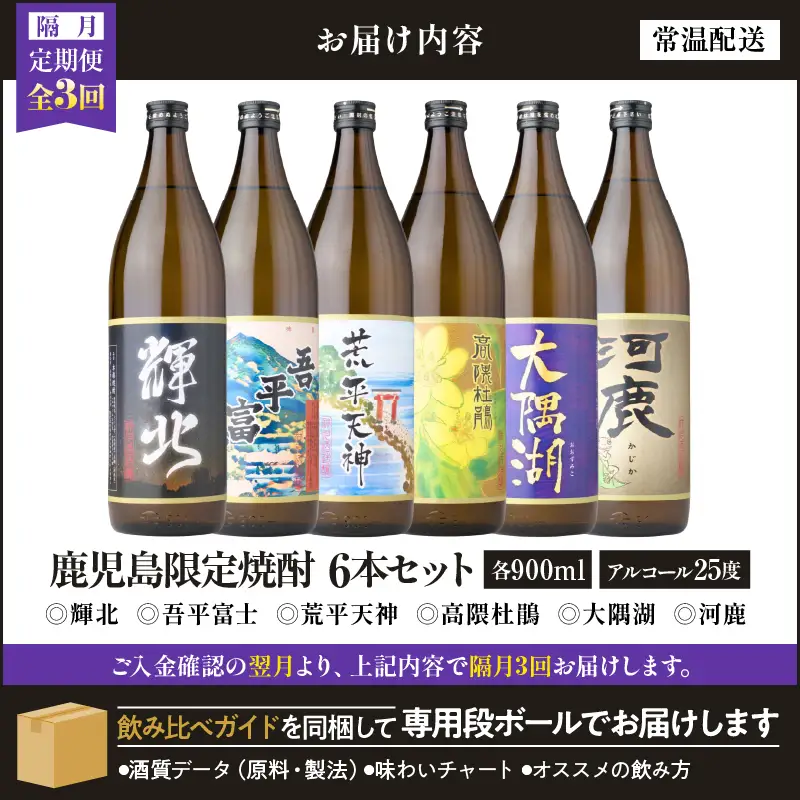 【 全3回定期便 】（ 隔月 お届け ） 三浦屋 オリジナル 鹿児島限定 芋焼酎 飲み比べセット25度 900ml×6本 神川酒造 鹿児島県 鹿屋市産 KN083-T04 焼酎 酒 お酒 アルコール
