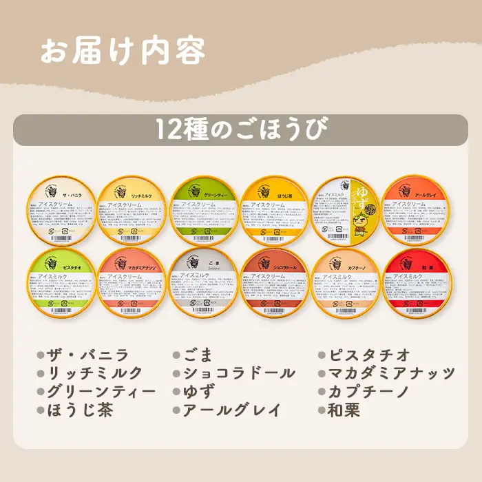 箕面山麓ファームジェラート(12種のごほうびジェラート) カップ アイス アイスクリーム デザート スイーツ おやつ 12個 ミルク バニラ 食品 【m06-44-D】【株式会社夢職人】