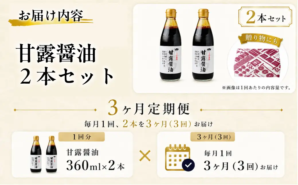 【3ヶ月定期便】醤油 木桶天然醸造醤油 甘露醤油 360ml×2本