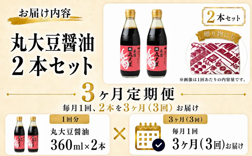 【3ヶ月定期便】醤油 木桶天然醸造醤油 丸大豆醤油 360ml×2本