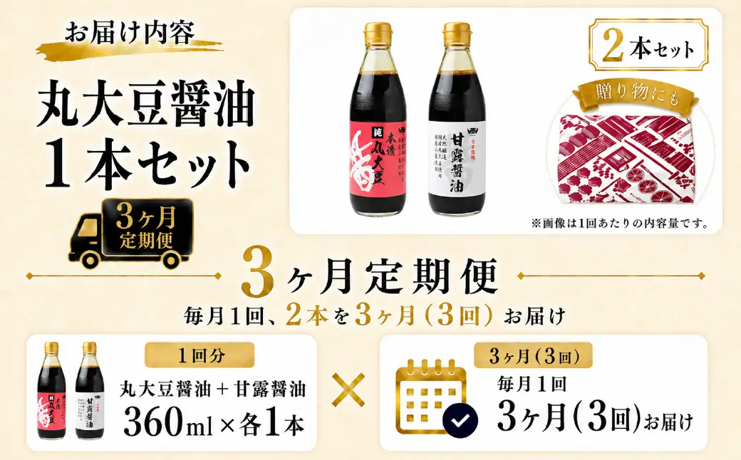 【3ヶ月定期便】醤油 木桶天然醸造醤油 甘露醤油 丸大豆醤油 360ml×各1本