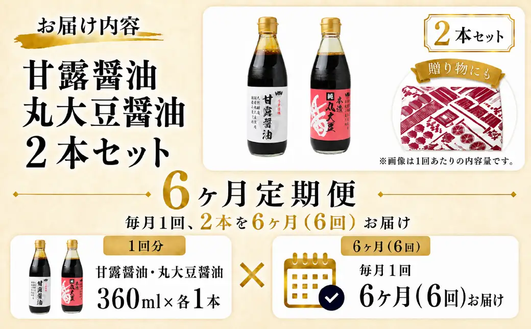 【6ヶ月定期便】醤油 木桶天然醸造醤油 甘露醤油 丸大豆醤油 360ml×各1本